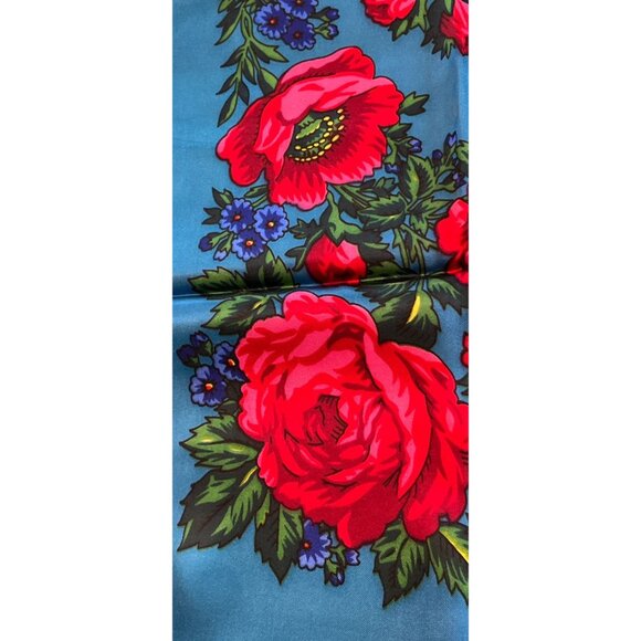 Vintage Scarf Blue Red Pink Floral Design Handmade 100% Acetate Rolled Hem NWOT - Picture 8 of 10
